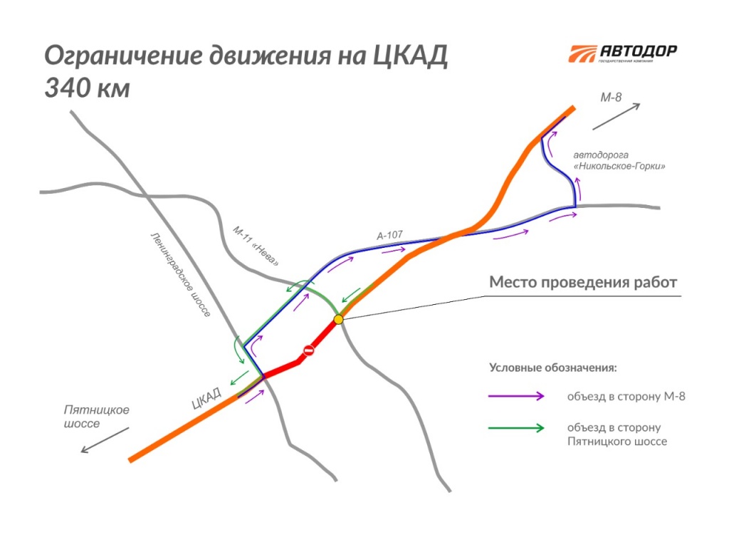 В ночные часы на пересечении М-11 «Нева» и ЦКАД планируется краткосрочное  ограничение движения